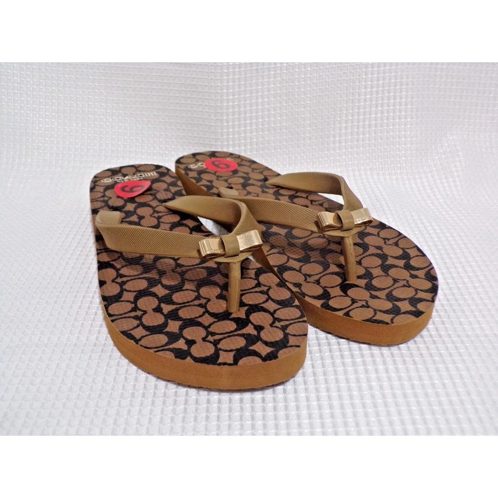 Coach Brown Logo Monogram Pattern Gold Bow Accents Flip-Flops Thongs Size 6